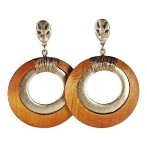 Influence Wood Gold Tone Metal Oval Circle Dangle Drop Earrings Boho Statement